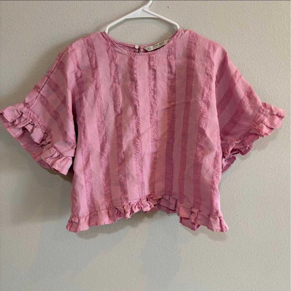 Zara Striped Linen Blend Ruffle Sleeve Top Womens S Pink Cottagecore Boho Blouse